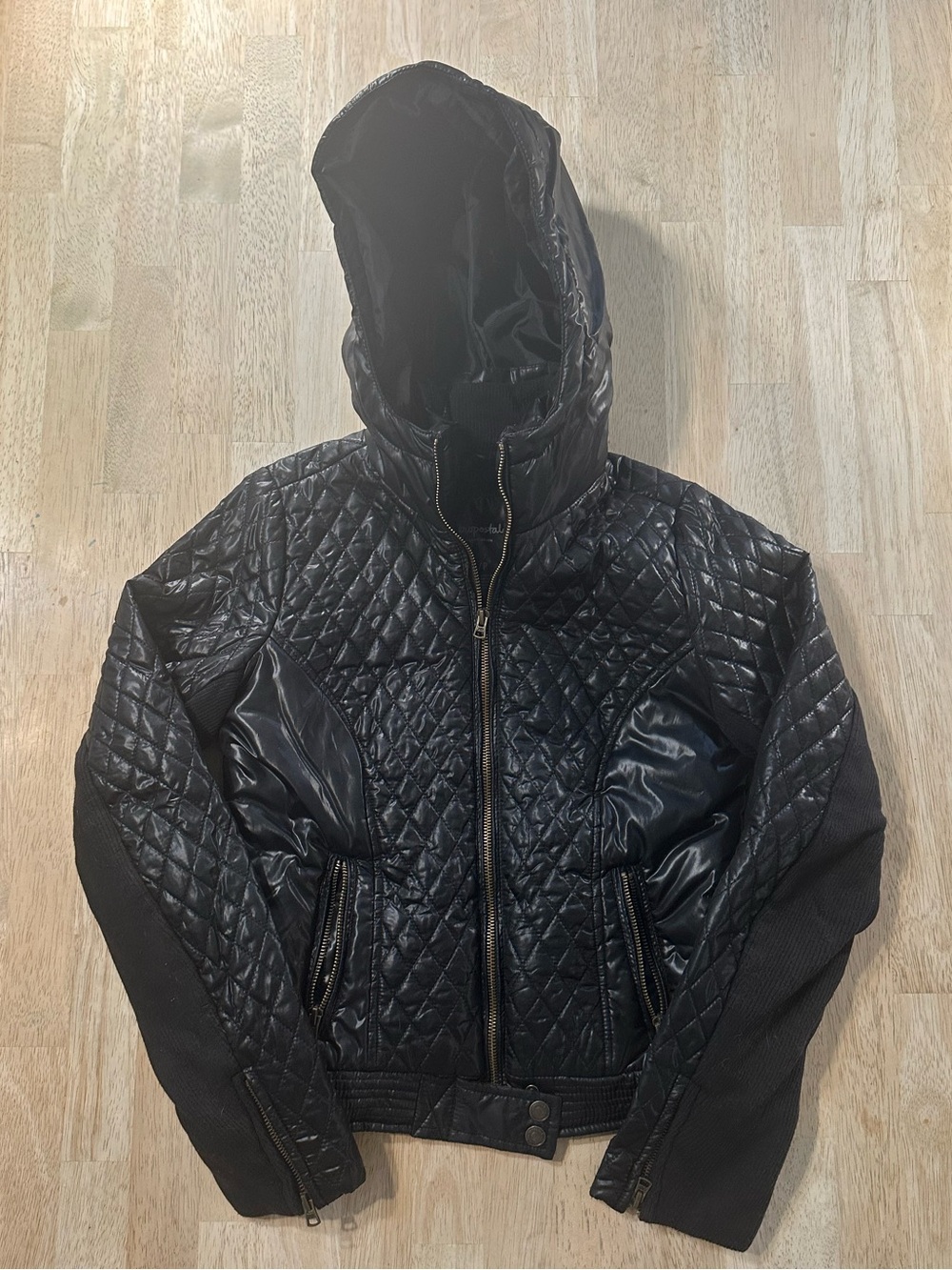 Aeropostale Black Quilted Hooded Puffer Jacket with Ribbed Sleeves
